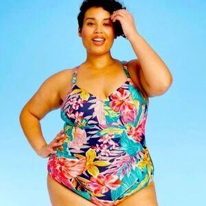 Kona Sol lace up back one piece swimsuit tropical medium coverage 16W NWT